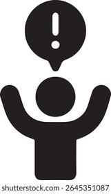 Black and white icon of a person with raised arms and an exclamation point in a speech bubble above