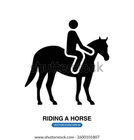 Black and white icon of a person riding a horse on a white background