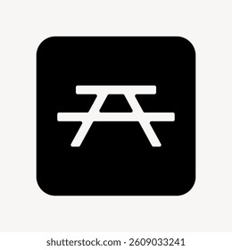 Black and white icon of a picnic table. Simple picnic table design. Minimalist picnic table symbol. Picnic table graphic for outdoor themes. User interface icon vector.