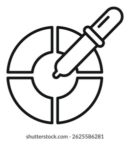 Ícone preto e branco de uma pipeta que dispensa uma amostra numa placa circular segmentada