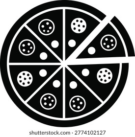 A black and white icon of a pizza with one slice removed, isolated on a white background.