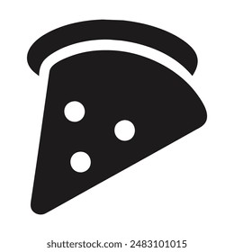Icono blanco y negro de una rebanada de pizza con tres piezas de queso. Ilustración vectorial
