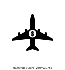Black and white icon of a plane with a dollar sign on it