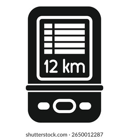 Ícone preto e branco de um navegador gps portátil exibindo uma distância de doze quilômetros