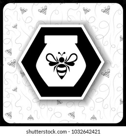 black and white icon with a pot of honey on a background of honeycomb