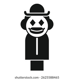 Black and white icon of a puppet show marionette wearing a hat and smiling with big red lips