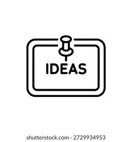 ícone preto e branco de um pin push em uma nota com a palavra ideias