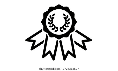 Schwarz-weiße Ikone, die ein Preisband mit einem Lorbeerkranz darstellt, das Exzellenz, Erfolg und Anerkennung symbolisiert. Perfekt für erfolgsorientierte Konzepte.