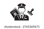 A black and white icon representing a border control officer holding a passport and a stamp, symbolizing immigration and travel.
