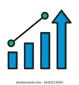 Black and white icon representing business growth and success. Features a bar graph with an increasing trend line and an upward arrow.