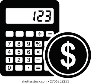 Ícone preto e branco representando uma calculadora ao lado de uma grande moeda em dólar, simbolizando tarefas financeiras e contábeis