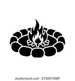 Ein schwarz-weißes Symbol, das ein Lagerfeuer mit Flammen und Steinen darstellt, die in einem Kreis angeordnet sind.