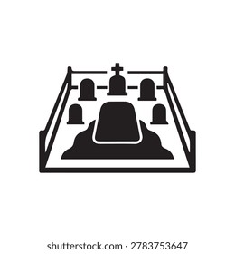 A black and white icon representing a cemetery, featuring a central large tomb with surrounding smaller gravestones and a prominent cross.