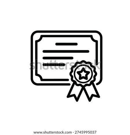 A black and white icon representing a certificate with a ribbon, symbolizing achievement and recognition isolated on white background, Vector, illustration