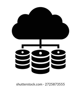 A black and white icon representing cloud storage connected to three database cylinders.