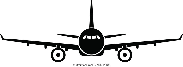A black and white icon representing a commercial jet aircraft from a front perspective showing wings engines and fuselage