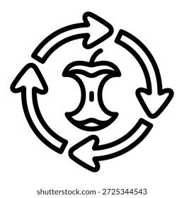Um ícone preto e branco representando o processo de compostagem, com um núcleo de maçã no centro rodeado por uma seta circular indicando reciclagem ou decomposição.