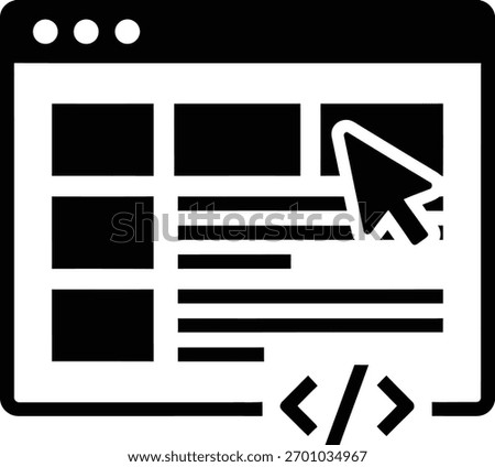 A black and white icon representing a computer screen displaying a webpage with a cursor hovering over content, alongside a code symbol, symbolizing web development and design.
