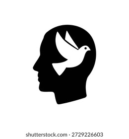 Ícone preto e branco representando o conceito de paz interior, liberdade de pensamento e iluminação espiritual. Dove simboliza esperança e tranquilidade dentro da mente.