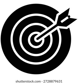Um ícone preto e branco representando um dardo atingindo o alvo em um dardo, simbolizando o sucesso e a conquista.