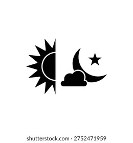Black and white icon representing day and night, featuring a radiant sun on the left and a crescent moon with a star and cloud on the right.