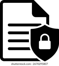 Ein schwarz-weißes Symbol, das ein Dokument mit einem Schild und einem Sperrsymbol darstellt, das für Datenschutz und Sicherheit steht. Einzeln auf sauberem, weißem Hintergrund für Vielseitigkeit.