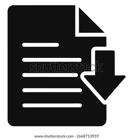 A black and white icon representing a document with lines of text and a downward-pointing arrow, symbolizing download or saving, isolated on a white background.