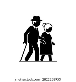 A black and white icon representing an elderly couple walking together