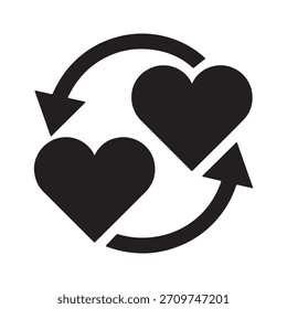 Black and white icon representing the exchange, refresh, or cycle of love, affection, or relationships, perfect for dating or romance concepts.