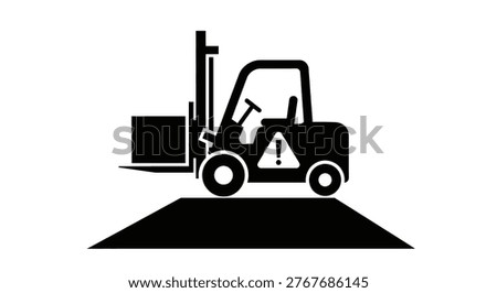 A black and white icon representing a forklift truck with a warning symbol inside. The forklift is positioned on an inclined surface, suggesting a hazard.