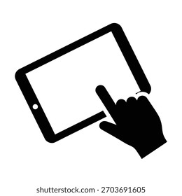Un icono blanco y negro que representa una mano que toca una pantalla de la tableta, aislado en un fondo blanco
