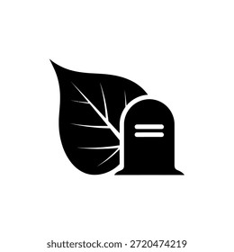 Un icono en blanco y negro que representa una hoja junto a una lápida.