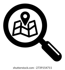 Black and white icon representing location search, navigation, and finding places on a map. Perfect for websites, apps, and digital interfaces.