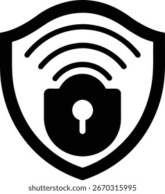 Un icono en blanco y negro que representa la seguridad de la red, con un escudo con un candado e irradiando señales wifi, simbolizando la transmisión de datos inalámbrica protegida y la seguridad en línea.