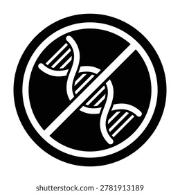 Black and white icon representing a no GMO sign. This symbol features a DNA strand with a prohibition line, ideal for labeling organic, non-modified food products.