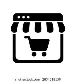 A black and white icon representing an online store with a shopping cart inside, symbolizing e-commerce and digital shopping.