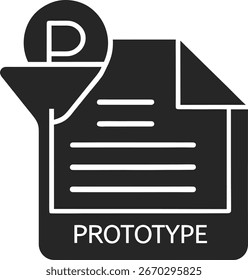 A black and white icon representing a prototype document, featuring a stylized document with lines of text and a circular element with the letter 'P' at the top, isolated on a clean white background f