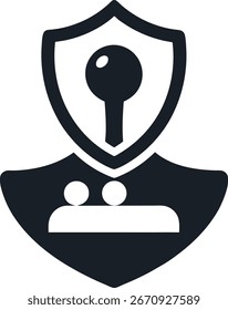 A black and white icon representing security and protection for users, featuring a shield with a key and a silhouette of two people below.