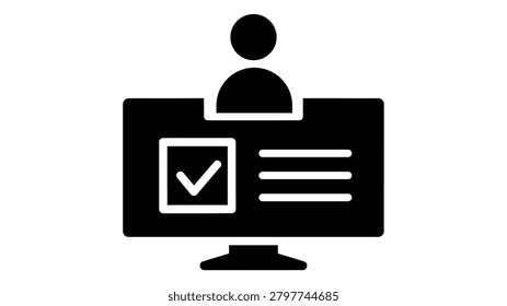 A black and white icon representing a task management office. The icon features a computer screen displaying a checklist with a checkmark, and a silhouette of a person in a suit and tie above the scre