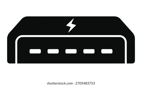 Icono en blanco y negro que representa un conector de acoplamiento de rayos con un símbolo de rayo.