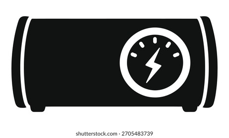 Ícone preto-e-branco representando um dispositivo estabilizador de tensão com um medidor mostrando um símbolo de raio para regulação de energia.