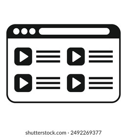 Black and white icon representing a web interface with video content and text