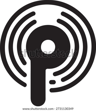 A black and white icon represents a signal or broadcast emanating from a central point within concentric rings