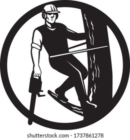 Black And White Icon Retro Style Illustration Of Tree Surgeon, Arborist, Or Arboriculturist, Holding Chainsaw Trimming A Tree Set Inside In Circle On Isolated Background.