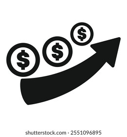 Black and white icon of a rising arrow illustrating an increasing amount of dollar coins