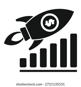 Black and white icon of a rocket flying over an increasing bar graph