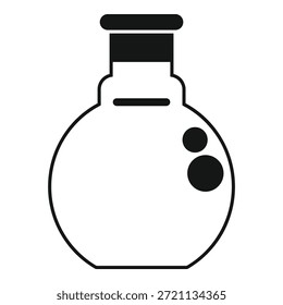 Icono blanco y negro de un matraz de fondo redondo que contiene una solución burbujeante