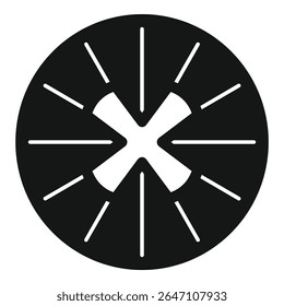 Black and white icon of a round button with an x shape in the center, surrounded by lines that look like sun rays