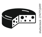Black and white icon of a round cheese wheel with a slice cut out, showing the texture and holes