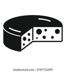 Black and white icon of a round cheese wheel with a slice cut out, showing the texture and holes
